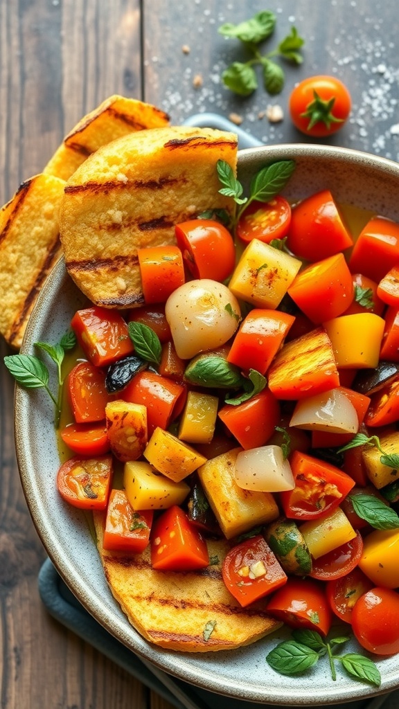 A colorful bowl of ratatouille with grilled polenta slices on the side, garnished with fresh herbs.