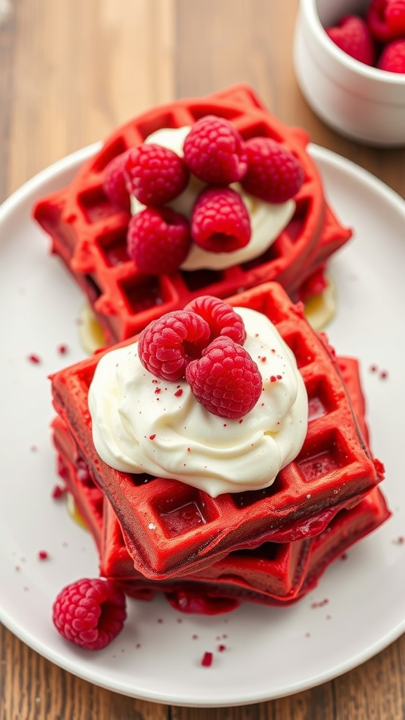 Delicious red velvet waffles topped with whipped cream and raspberries.