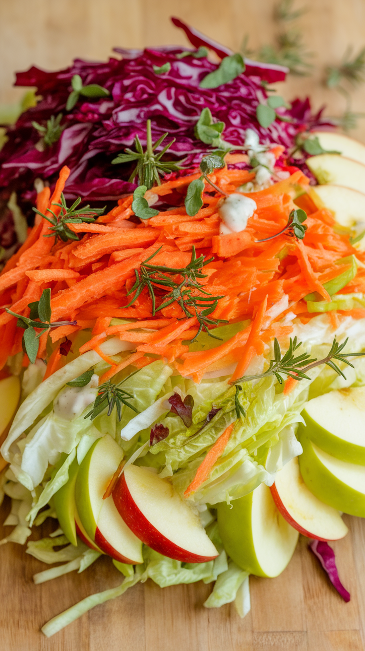 A colorful salad made with shredded cabbage, carrots, and apple slices.