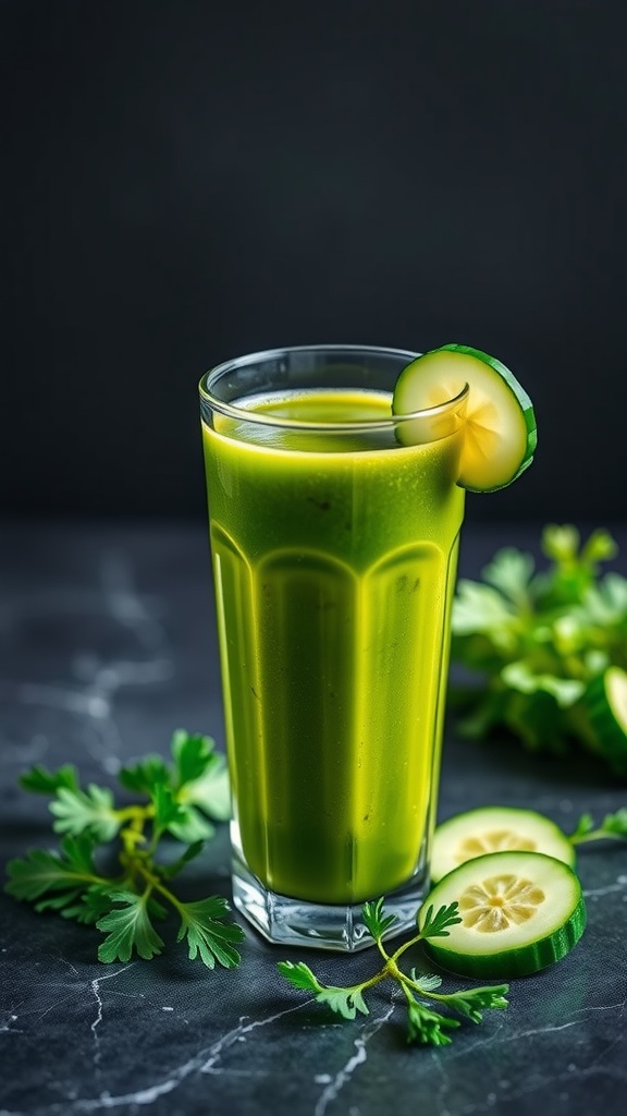 Refreshing green detox juice with cucumber and leafy greens.