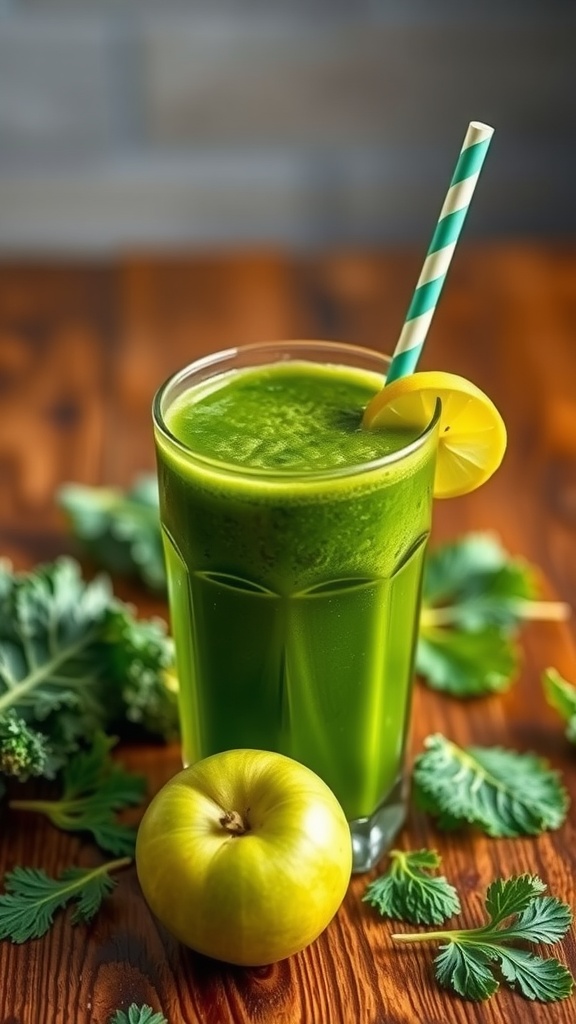 A glass of green detox juice with a striped straw, surrounded by fresh ingredients on a wooden surface.