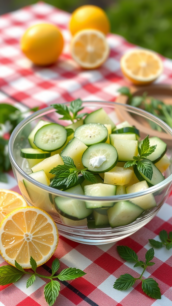 A bowl of lemon cucumber salad with lemon slices and herbs.