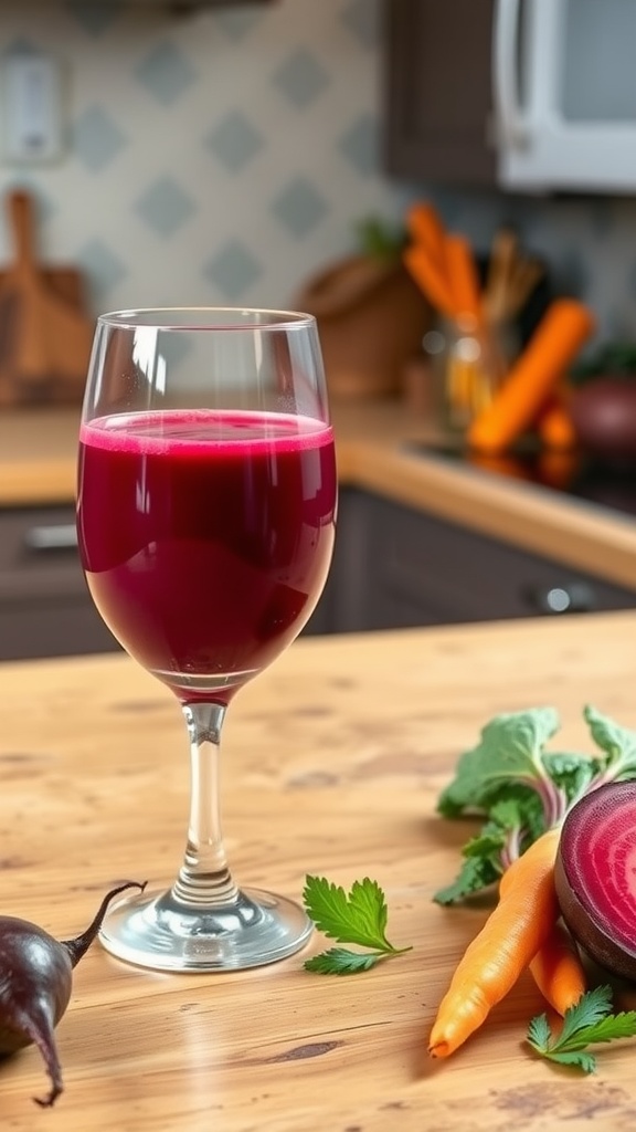 A glass of beetroot and carrot juice with fresh ingredients