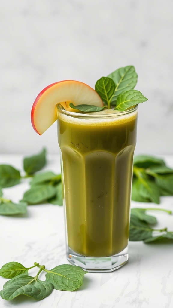 A glass of green juice with spinach and apple garnished with a slice of apple.