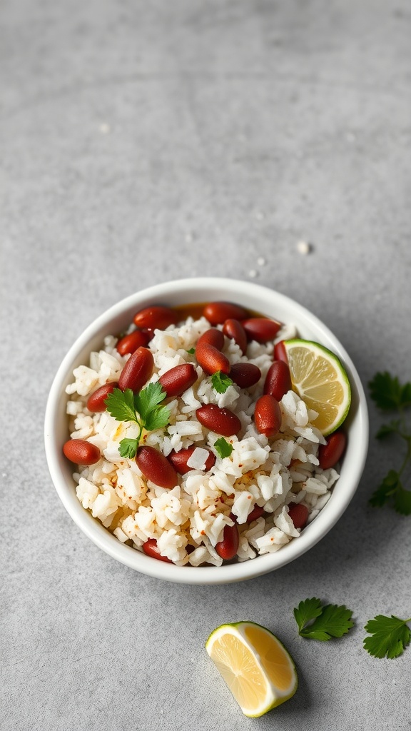 A bowl of rice and red kidney beans garnished with cilantro and lime.