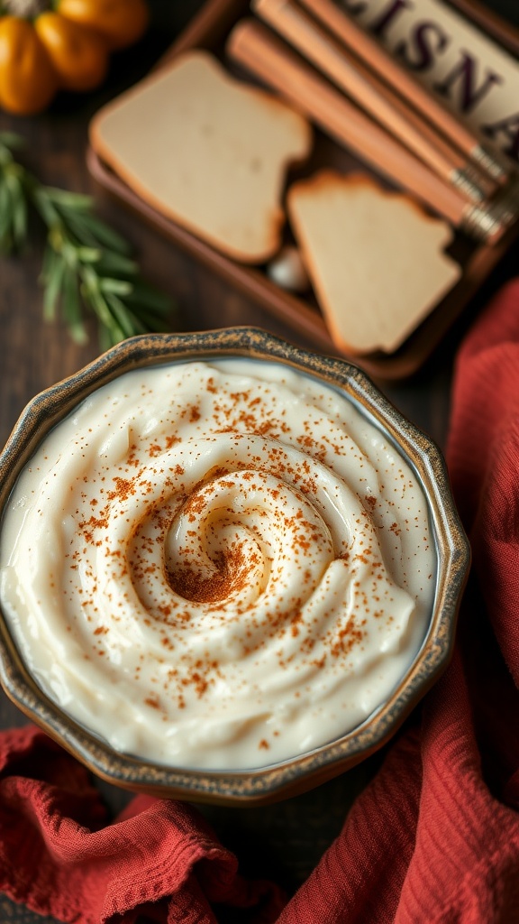 A creamy bowl of rice pudding topped with a sprinkle of cinnamon, set against a cozy background.