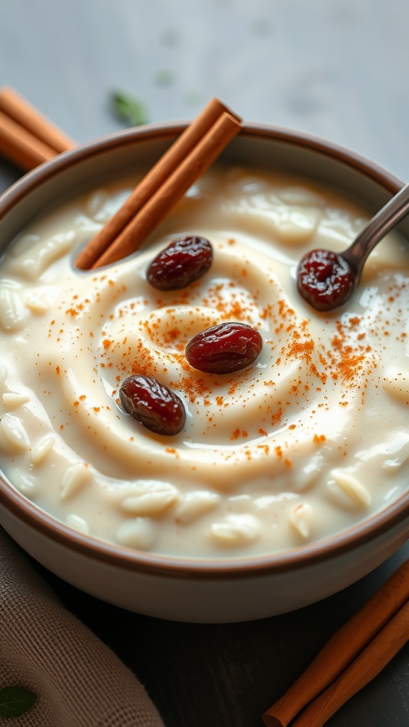 A bowl of creamy rice pudding topped with raisins and cinnamon sticks.