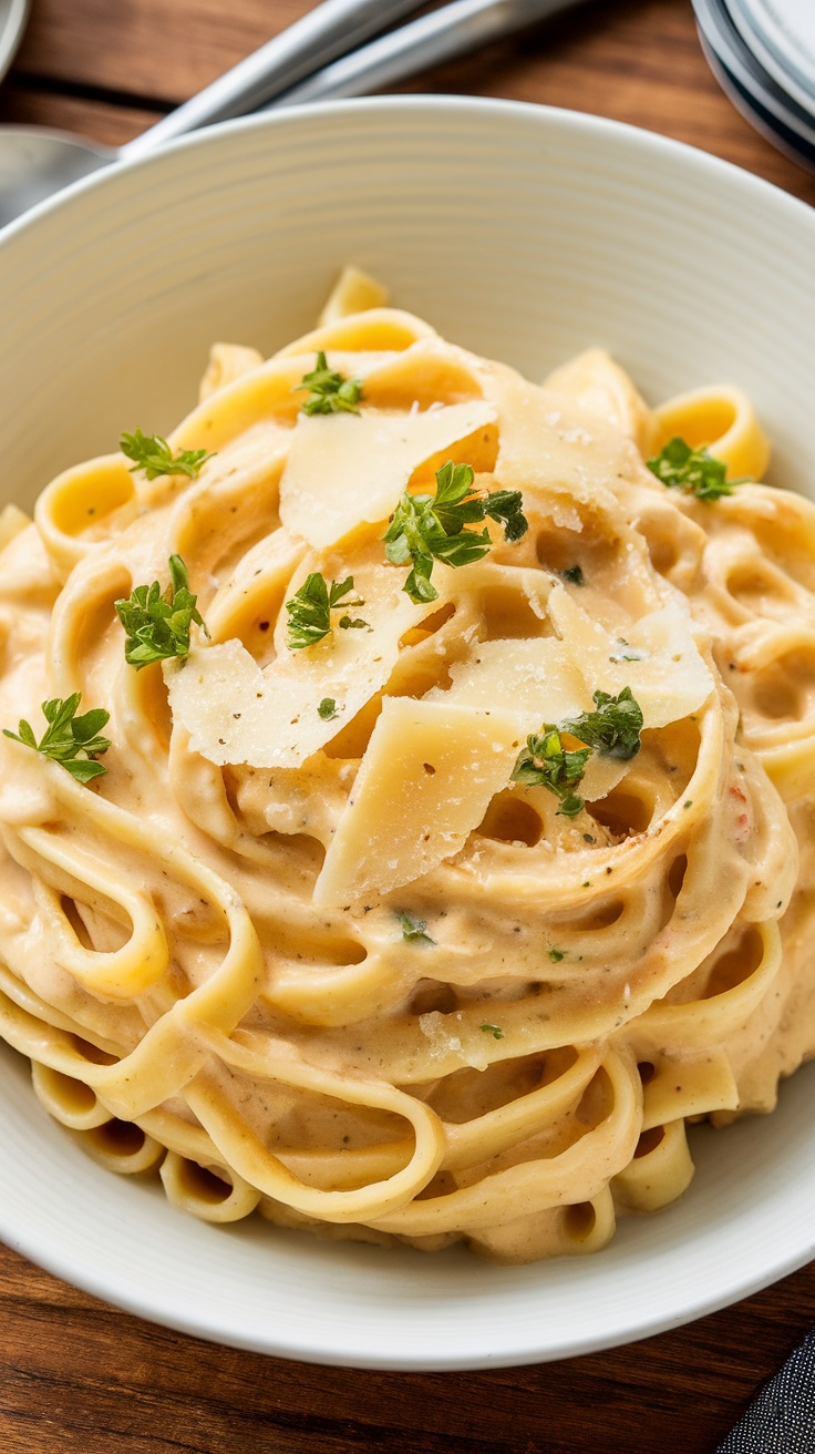 Creamy Alfredo sauce served over fettuccine pasta with garnishes.