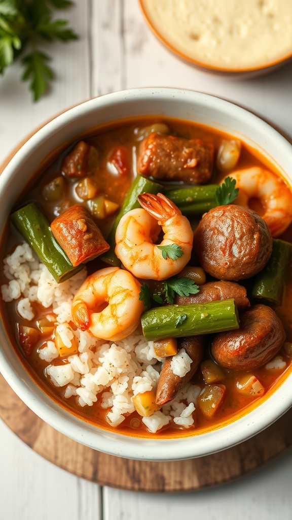 A bowl of hearty gumbo with shrimp, sausage, and vegetables, served over rice