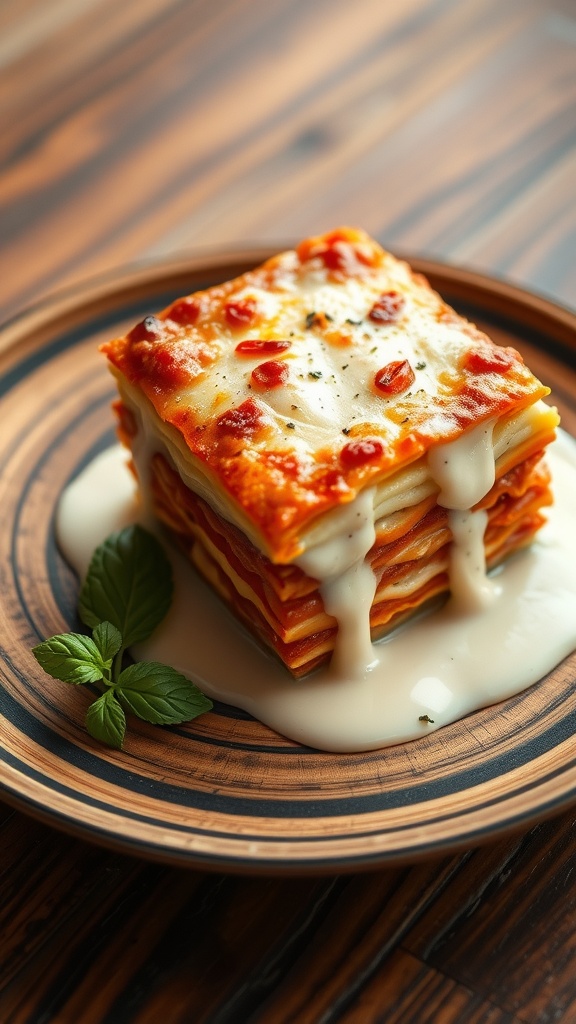 A delicious slice of rich lasagna with béchamel sauce, garnished with herbs.