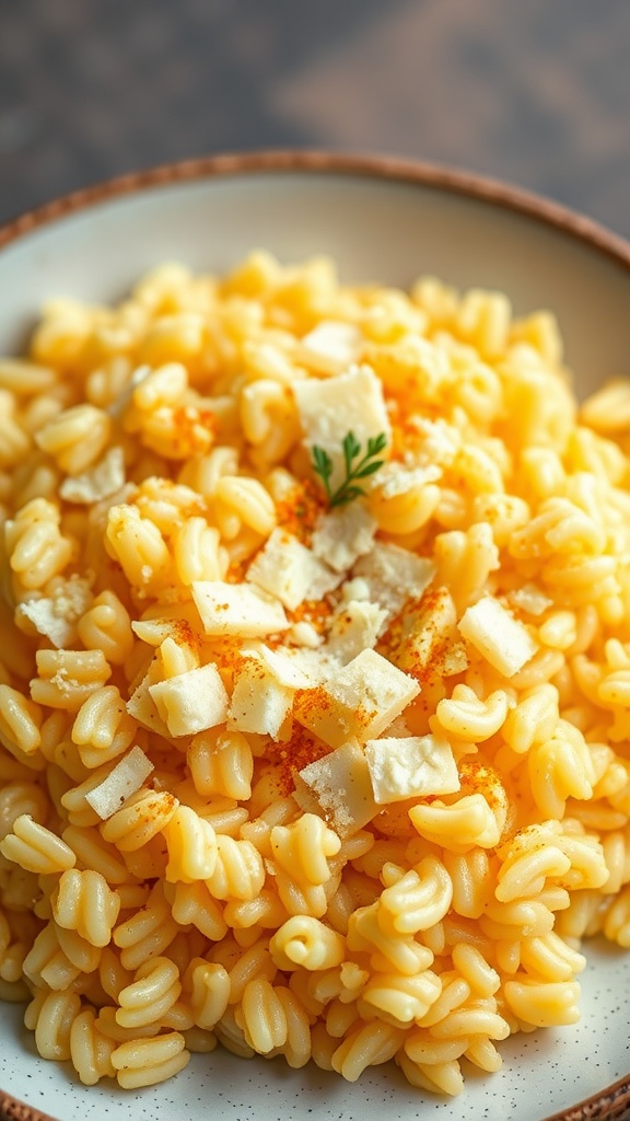 A bowl of creamy Risotto alla Milanese topped with saffron and cheese.