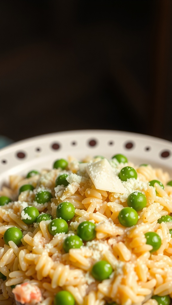 A bowl of risotto with peas and parmesan cheese.
