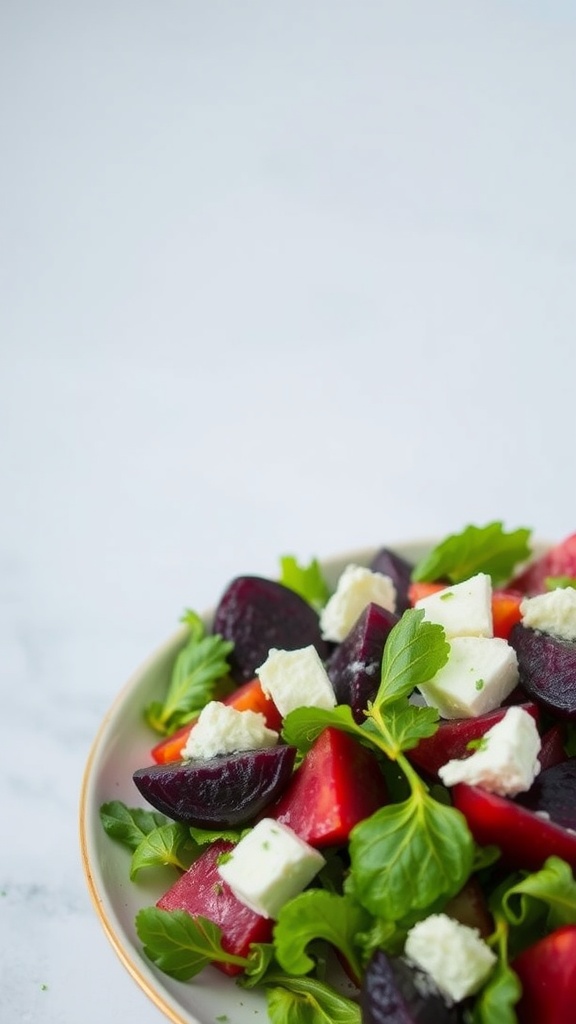 A vibrant salad with roasted beets, goat cheese, and mixed greens.