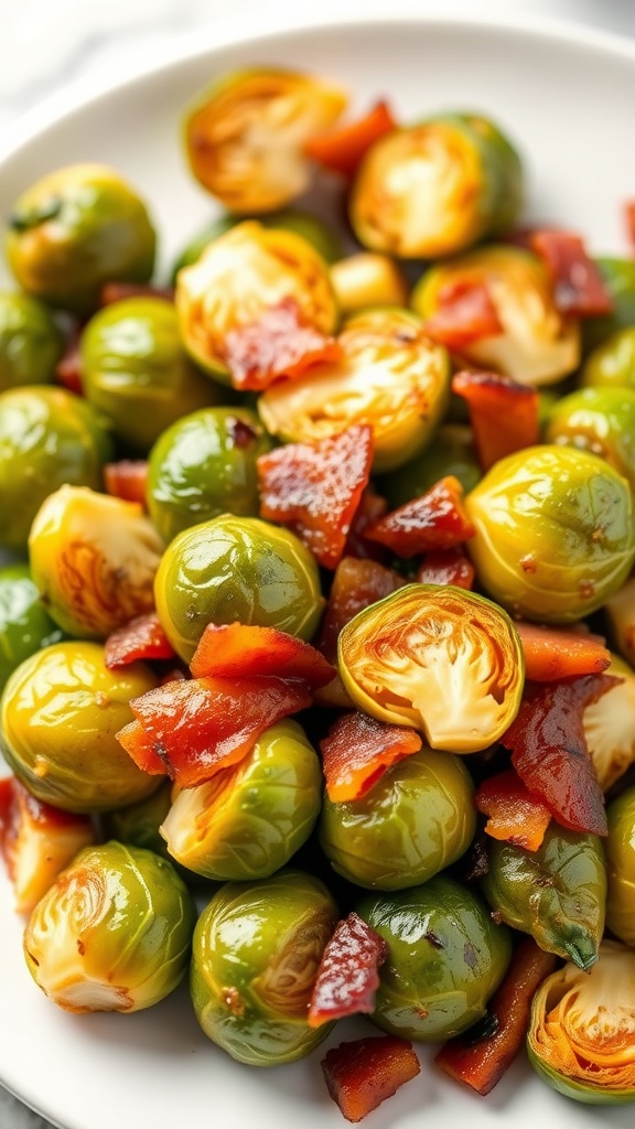 A plate of roasted Brussels sprouts with crispy bacon pieces.