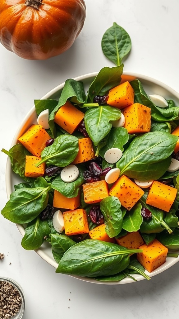 A colorful bowl of roasted butternut squash and spinach salad