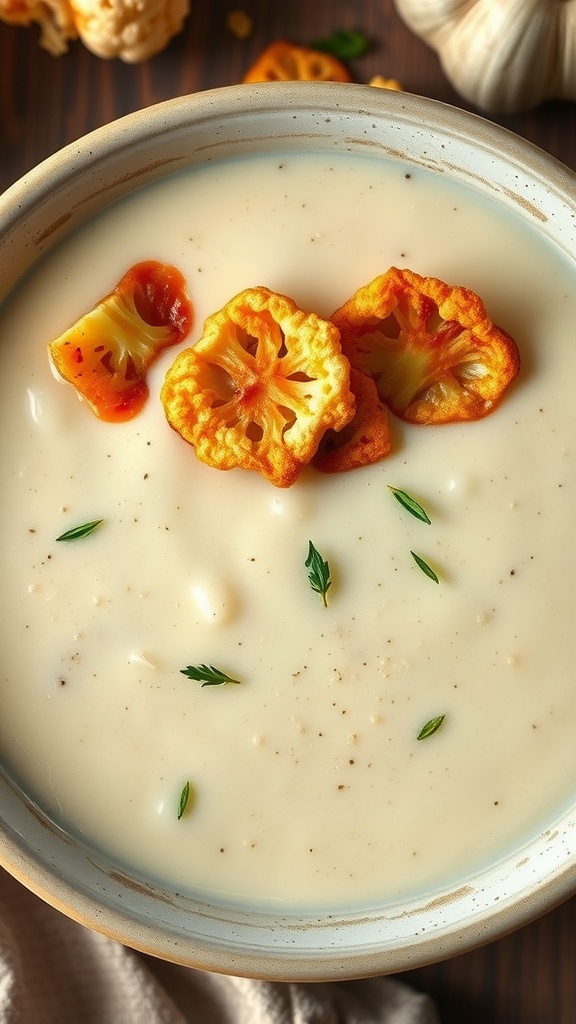 Creamy roasted cauliflower and garlic soup with herbs