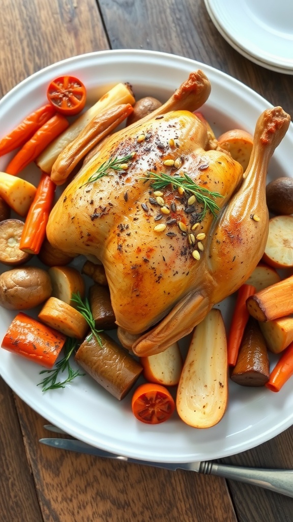 A beautifully roasted chicken surrounded by colorful root vegetables.