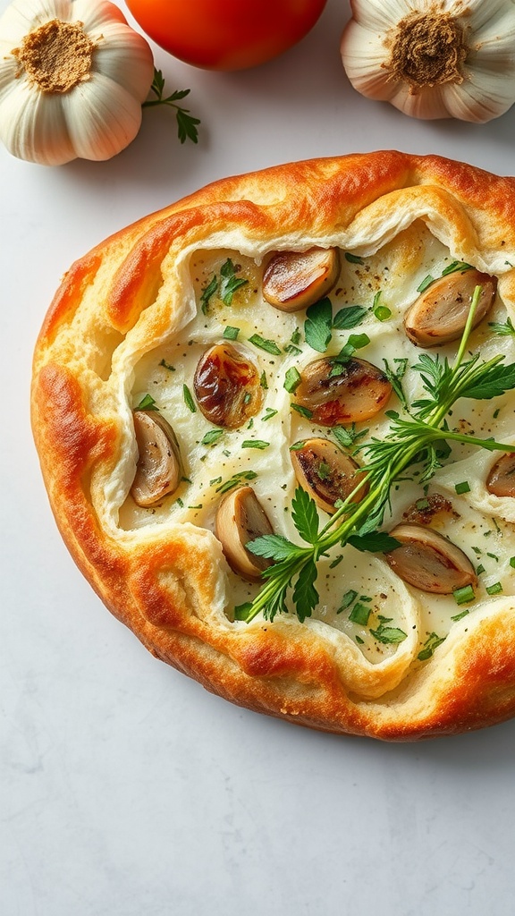A freshly baked loaf of focaccia topped with roasted garlic and herbs.