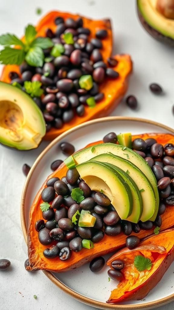 Roasted sweet potatoes topped with black beans and avocado slices.