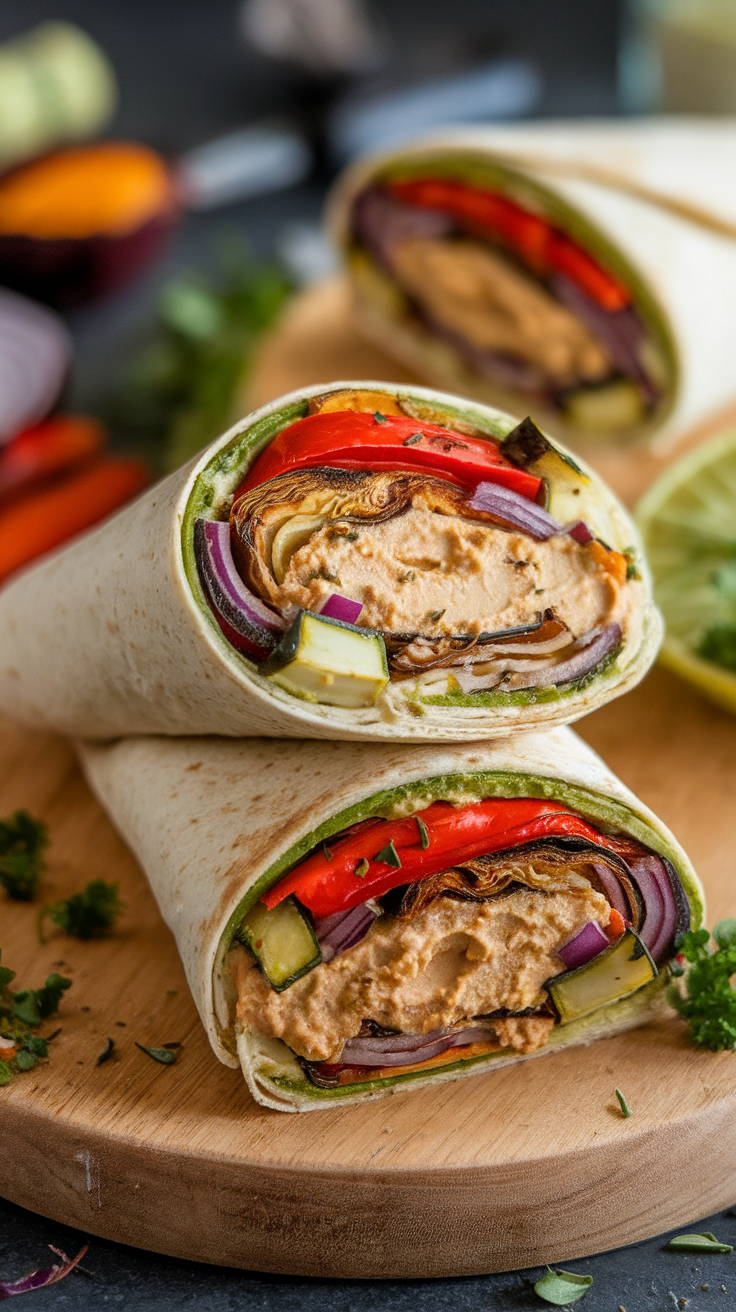 A delicious roasted vegetable and hummus wrap, filled with colorful vegetables, rolled up and sliced, served on a wooden board.