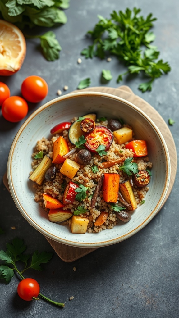 A colorful bowl of roasted vegetable and quinoa salad, garnished with fresh herbs.