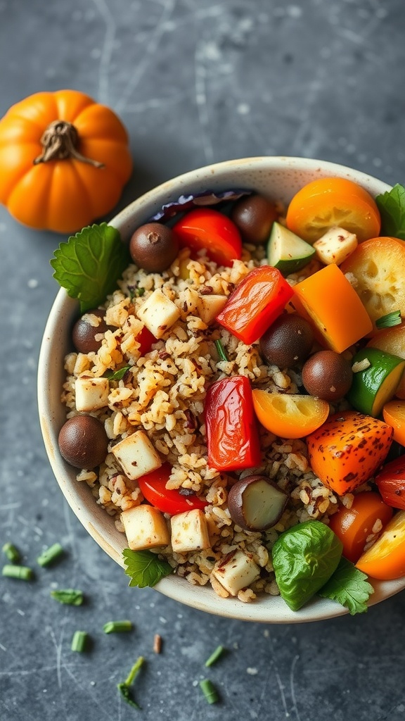 A bowl of roasted vegetable quinoa with colorful vegetables and fresh herbs.