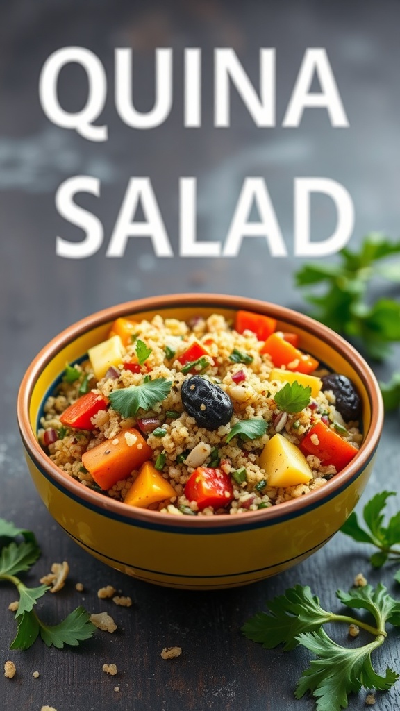 A vibrant bowl of roasted vegetable quinoa salad with colorful vegetables and fresh herbs.