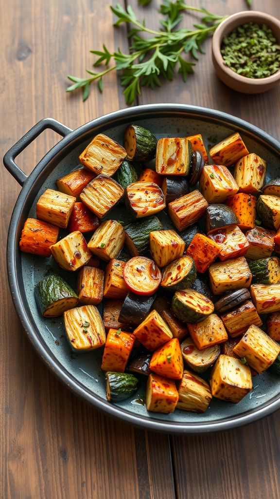 A bowl of roasted vegetables, including zucchini, bell peppers, and cherry tomatoes, drizzled with balsamic glaze.