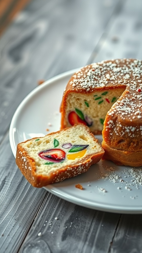 Rocambole Swiss roll cake with fruit filling, showcasing a spiral design.