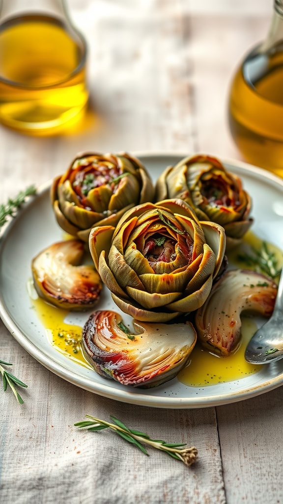 A plate of Roman Artichokes alla Romana garnished with herbs and drizzled with olive oil.