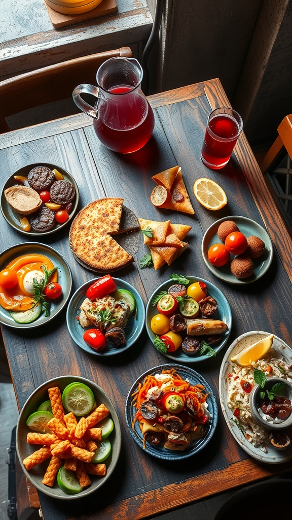 A variety of tapas elegantly arranged on a wooden table, perfect for a romantic dinner.