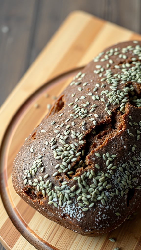 A freshly baked loaf of rye bread sprinkled with caraway seeds