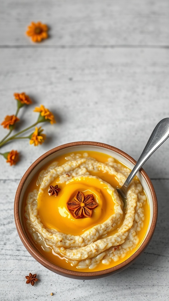 A bowl of saffron infused oatmeal topped with honey and star anise.