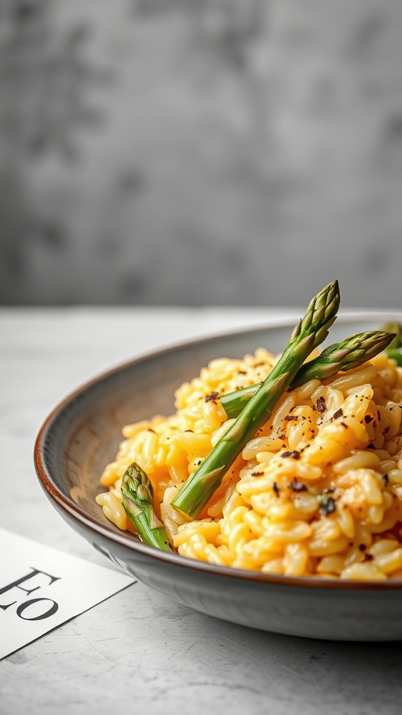 A bowl of saffron risotto with asparagus spears on top, showcasing a rich yellow color and creamy texture.