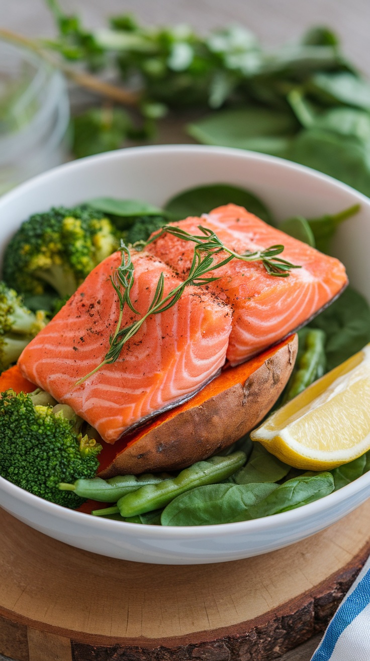 Salmon and sweet potato bowls with broccoli, green beans, and spinach