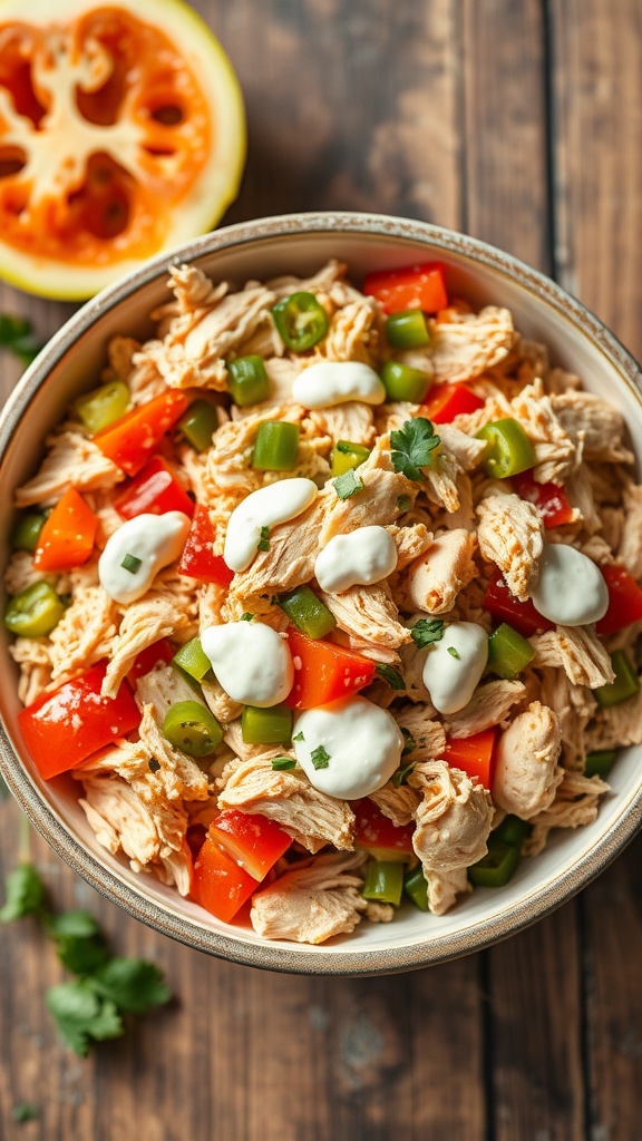 A vibrant bowl of Brazilian chicken salad with colorful vegetables.