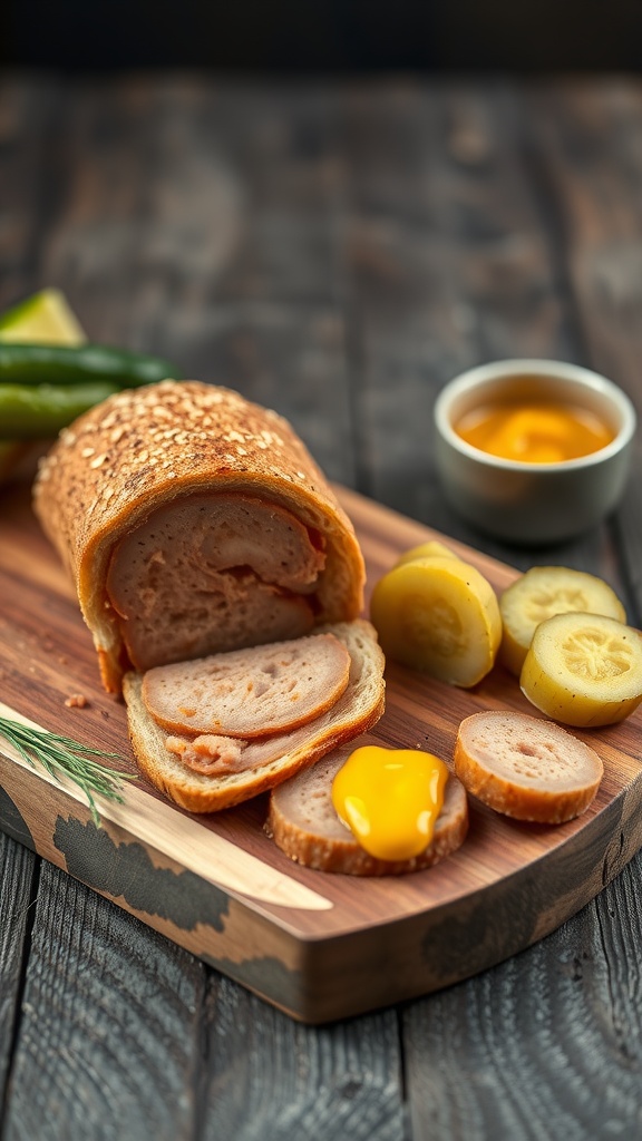 Slices of Brazilian sausage served with pickles and a dipping sauce.