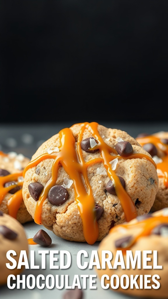 Delicious salted caramel chocolate chip cookies, drizzled with caramel and topped with chocolate chips.