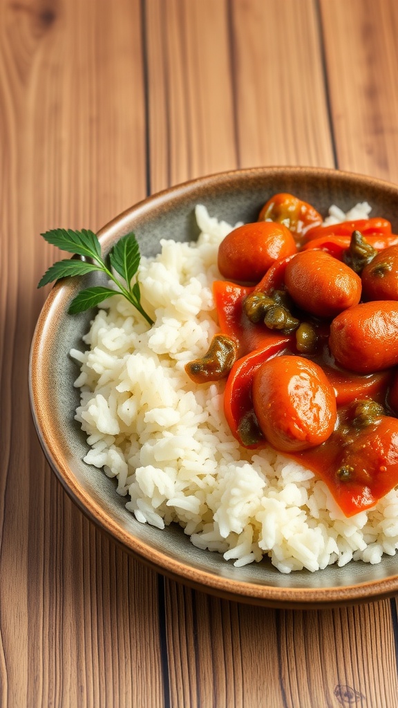 A bowl of sausage and peppers served over fluffy white rice.