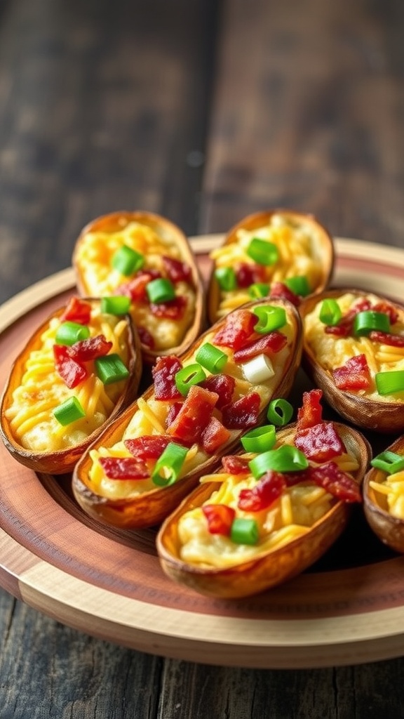 Savory air fryer potato skins topped with cheese, bacon, and green onions