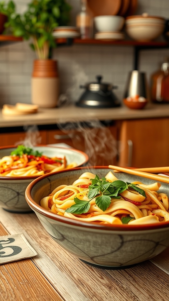 A warming bowl of savory Asian noodles topped with fresh herbs, perfect for a romantic dinner.