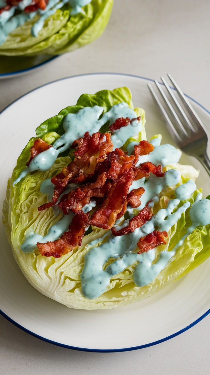 A plate with lettuce topped with blue cheese dressing and bacon.