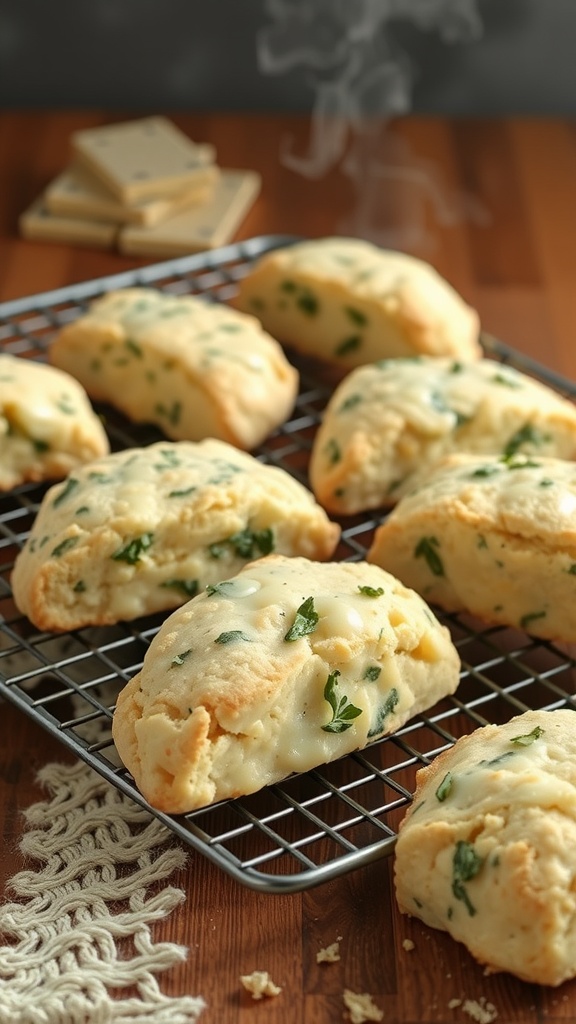 Savory cheese and herb scones on a cooling rack