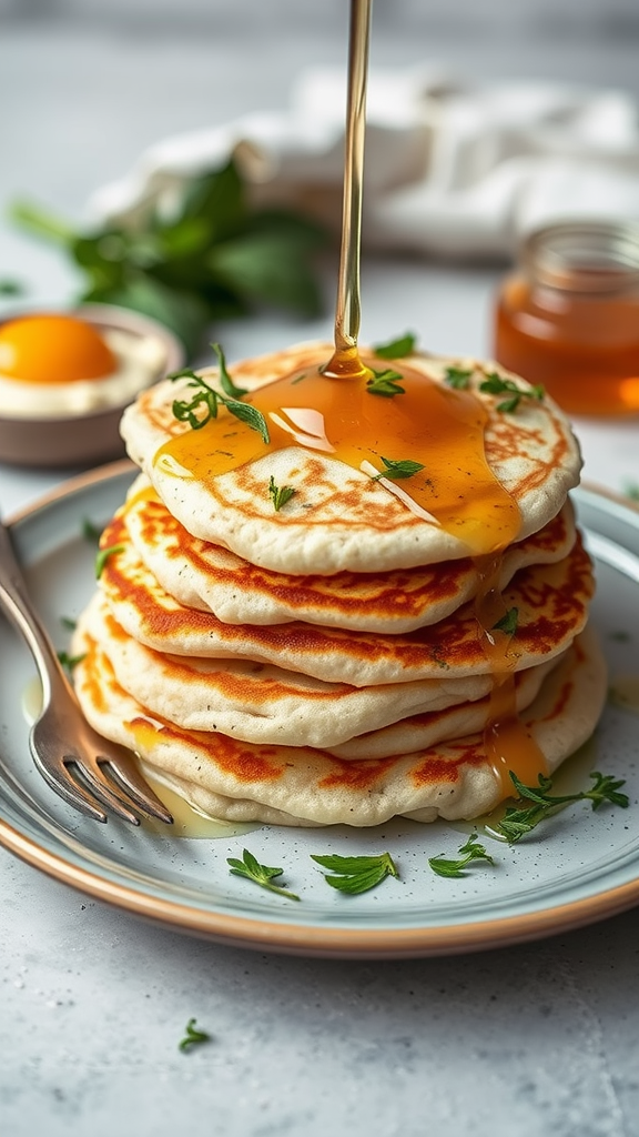 Savory cottage cheese pancakes stacked on a plate with syrup drizzling over them.
