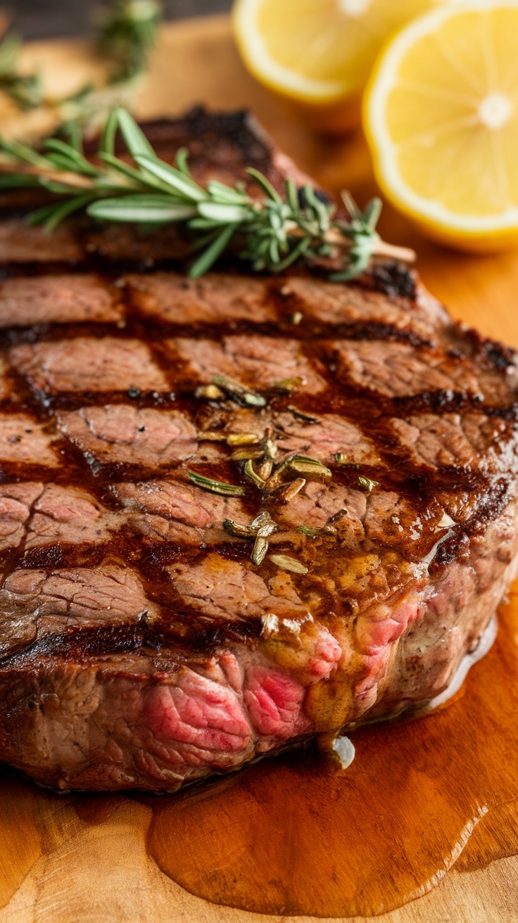 A close-up of savory garlic herb butter melting over a steak with herbs and lemon slices.