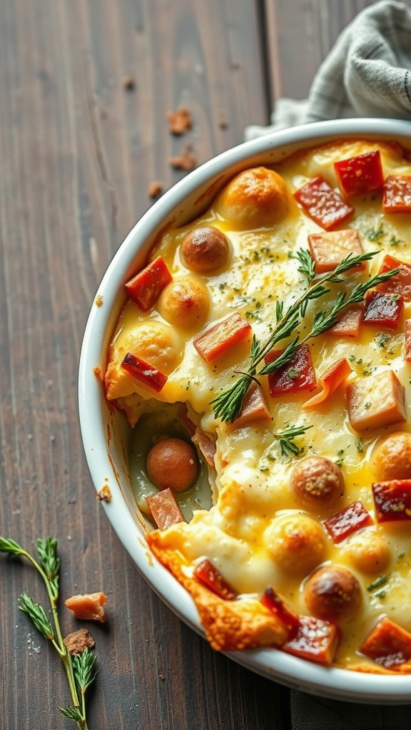 A delicious ham and cheese breakfast casserole with a golden top and chunks of ham and cheese.