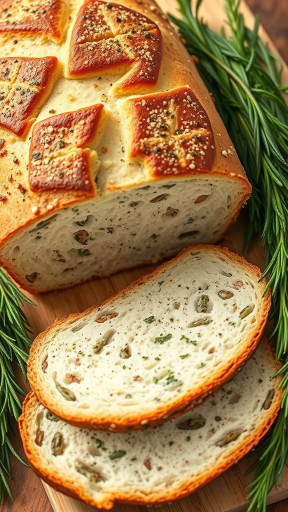 Savory Herb Loaf with slices and fresh herbs on the side