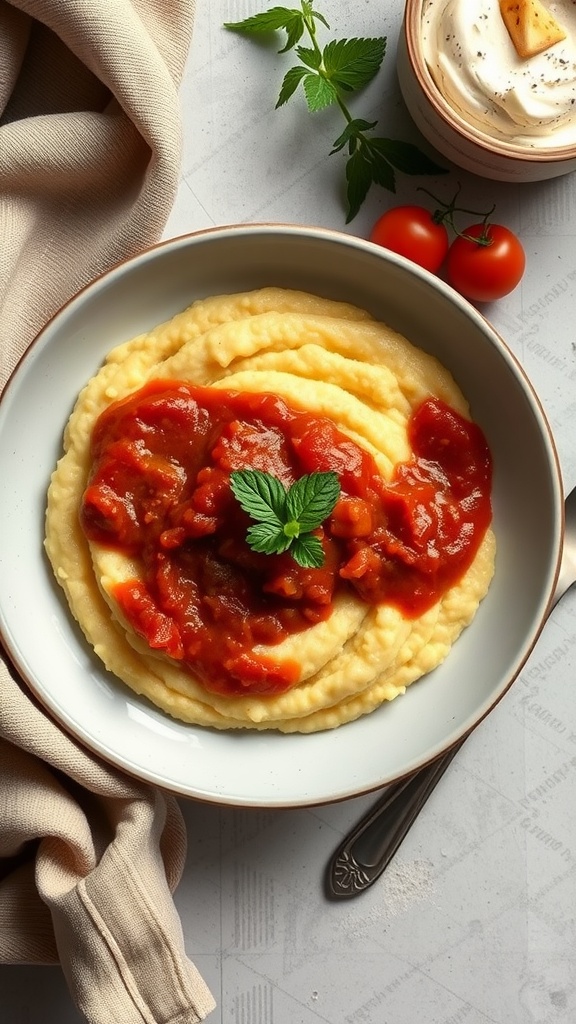 A bowl of creamy polenta topped with marinara sauce and garnished with mint leaves.