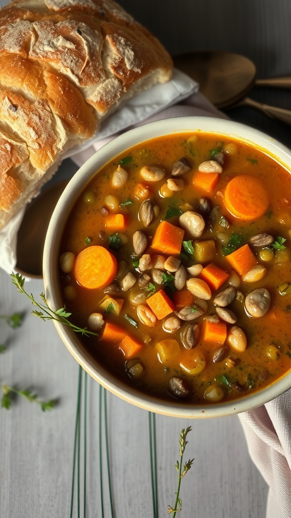 A bowl of savory lentil soup with carrots beside a piece of bread.