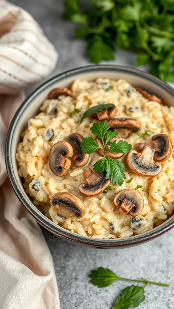 Bowl of savory mushroom risotto topped with sliced mushrooms and parsley.